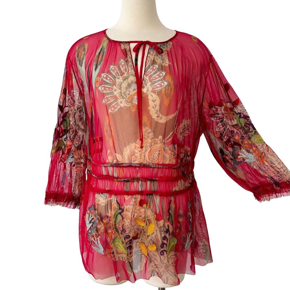 Johnny Was Fuchsia Sheer Floral Embroidered Peasant Blouse